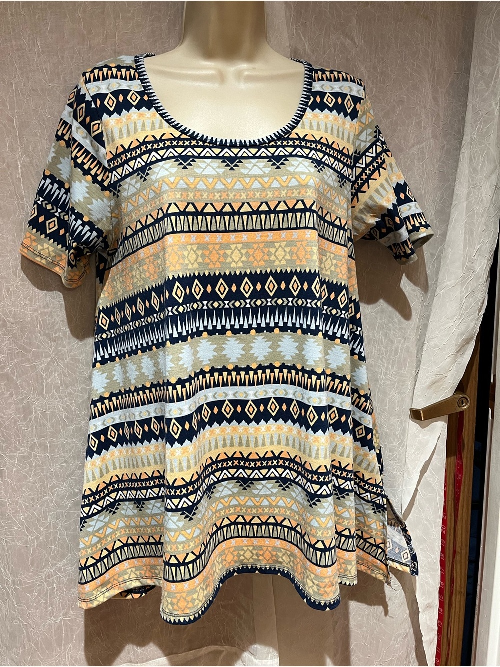 LuLaRoe Short-Sleeve Scoop Tunic in Navy, Mustard & Cream Aztec